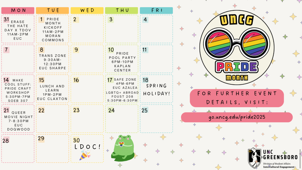 Pride monthly view calendar. See event details in text descriptions below