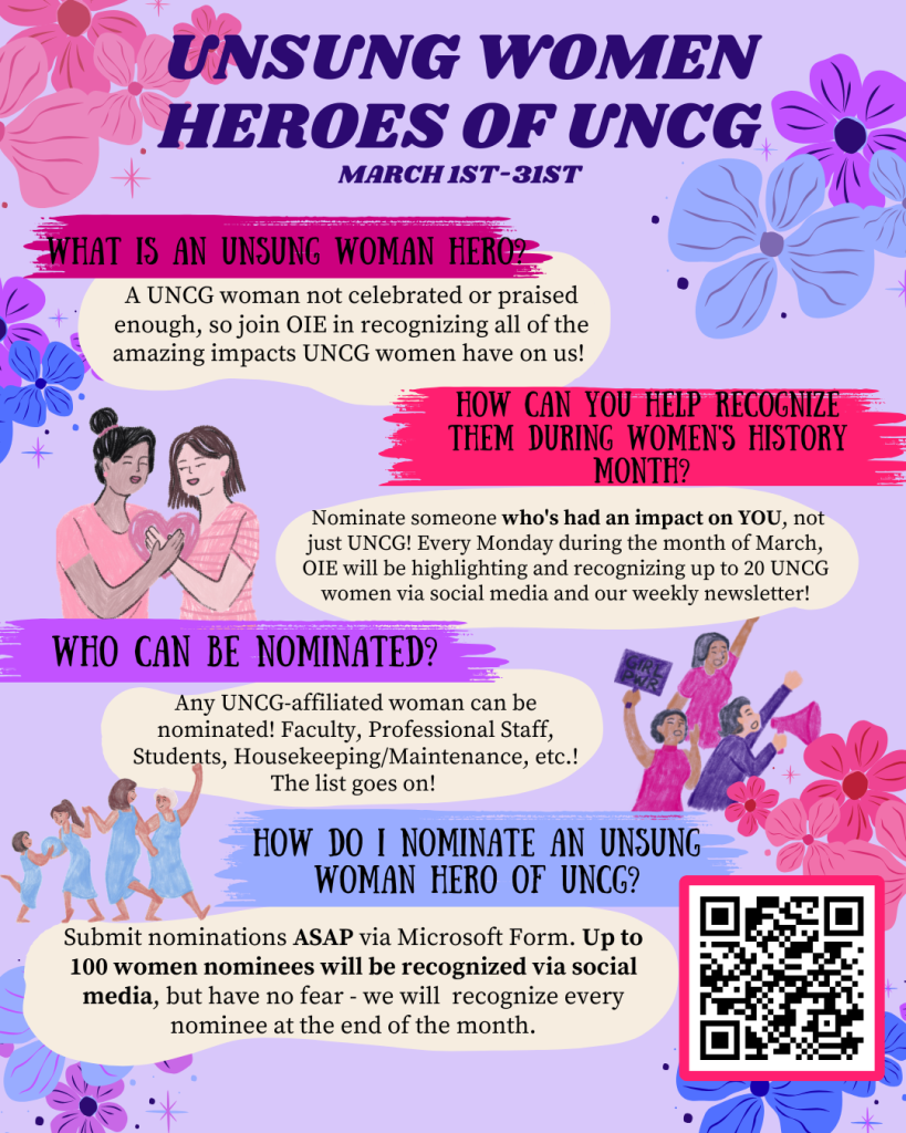 Flyer titled “Unsung Women Heroes of UNCG” March 1st–31st. The flyer illustrates groups of women celebrating and supporting one another.

“What is an unsung woman hero?” Text: A UNCG woman not celebrated or praised enough, so join OIE in recognizing all of the amazing impacts UNCG women have on us! “How can you help recognize them during Women’s History Month? Nominate someone who’s had an impact on YOU, not just UNCG! Every Monday during the month of March, OIE will be highlighting and recognizing up to 20 UNCG women via social media and our weekly newsletter! “Who can be nominated?” Any UNCG-affiliated woman can be nominated! Faculty, Professional Staff, Students, Housekeeping/Maintenance, etc.! The list goes on! “How do I nominate an unsung woman hero of UNCG” Submit nominations ASAP via Microsoft Form. Up to 100 women nominees will be recognized via social media, but have no fear – we will recognize every nominee at the end of the month.